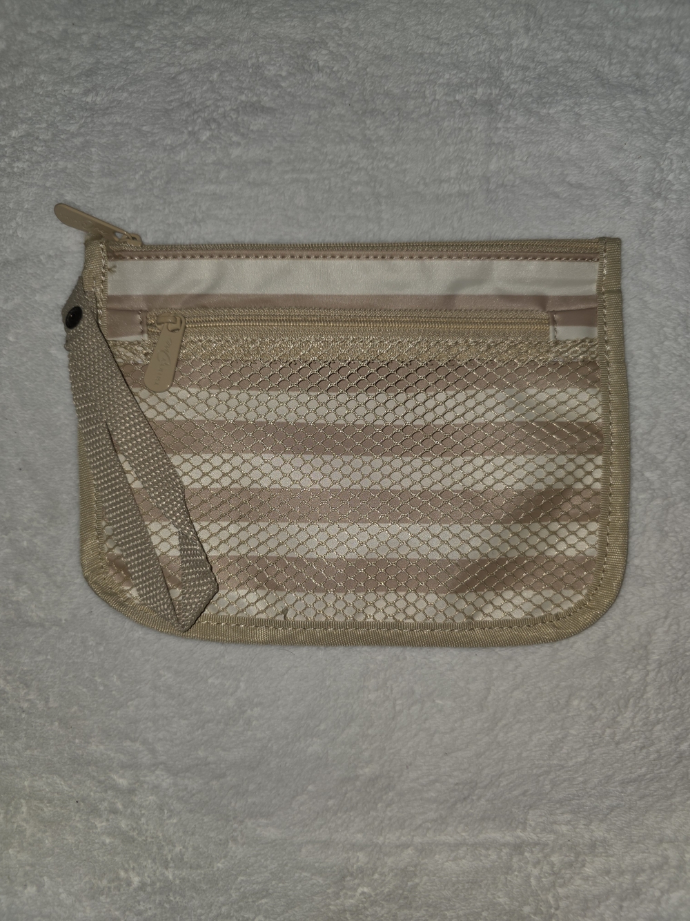 Thirty-One Striped Beige Wristlet Pouch - Lightweight Travel Organizer